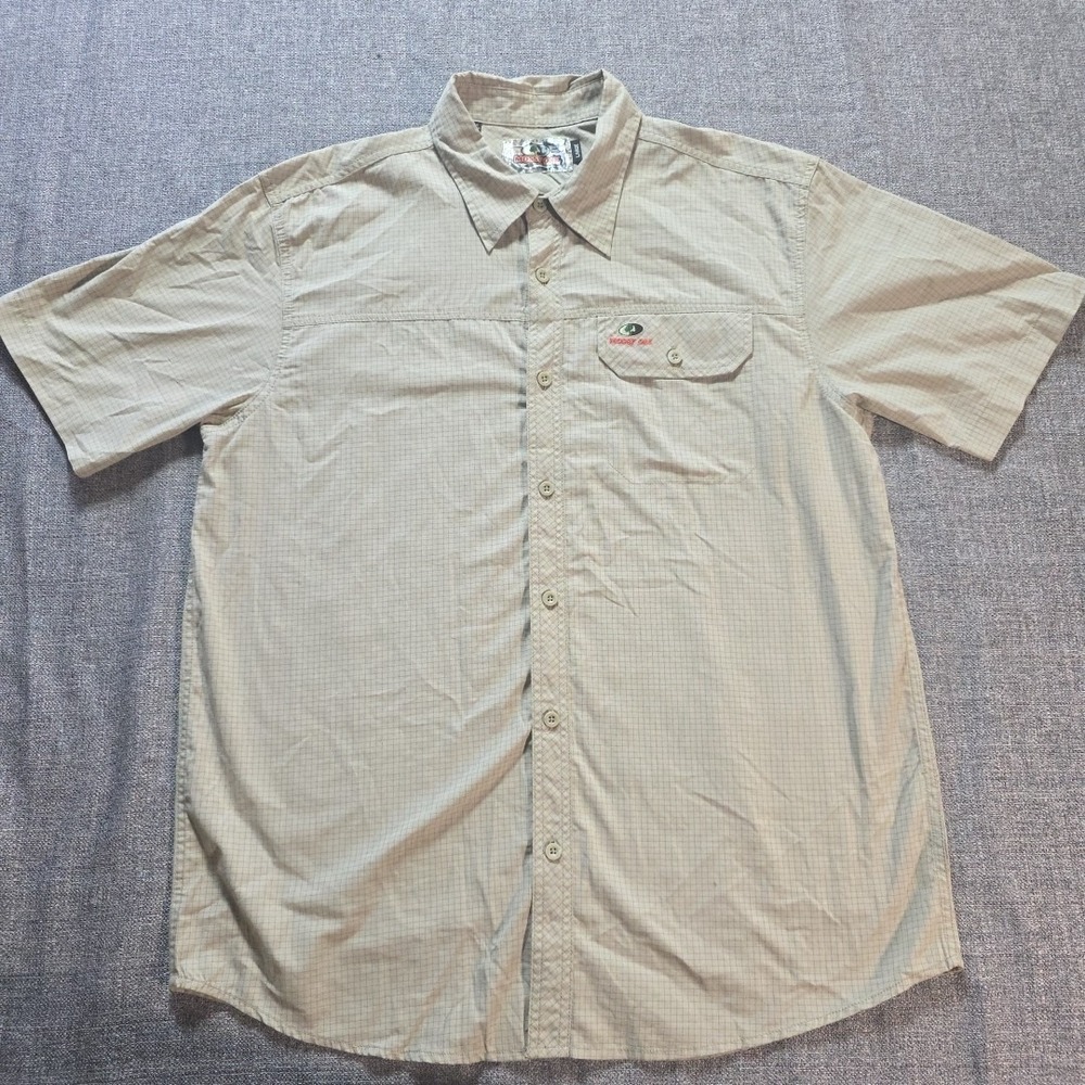 Mossy Oak Large Men's Embroidered Pocket Logo Tan White Trim Check Shirt